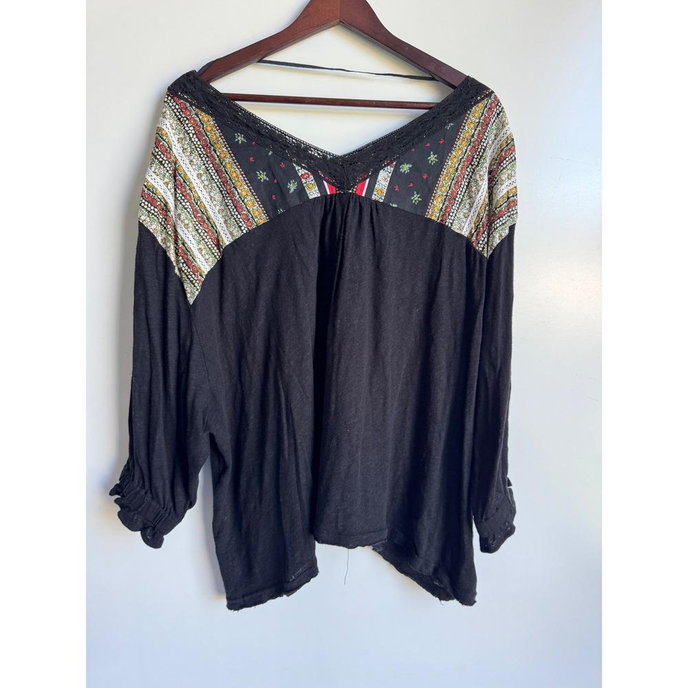 Free People Prairie Days Mixed Print Linen Blouse Black Floral Lace XL Oversized